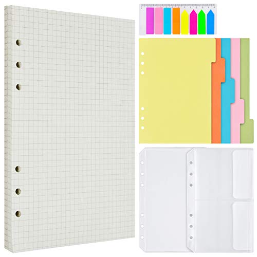 A6 Papier Karierte Nachfüllpapier Set, 6 Löcher Nachfüllbare Notizpapier, 160 Rasterseiten, 5 Stücke Farbige Trennblätter, 160 Stücke Haftnotizen Bunt, 2 Stücke Umschlägbeutel für Notizbuch von MALEDEN