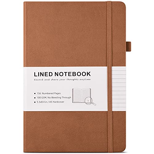 Liniertes Notizbuch, Hardcover-Notizbuch mit nummerierten Seiten und Indexinhalt, 2 Innentaschen, 2 Lesezeichen Rib 100 GSM dickes Papier A5 Gefüttertes Notizheft (Braun) von MALEDEN