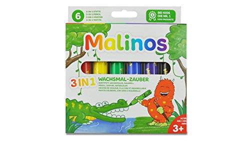 MALINOS 301036 Wachsmal-Zauber 3-in-1 Stifte, Buntstift Wachsmaler Aquarell, 6 Stück, 6 Farben (1er Pack) von MALINOS