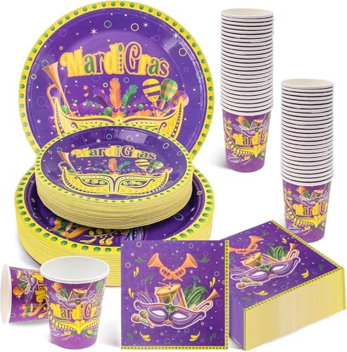 200-teiliges Partyzubehör-Set für Karnevalspartys, Violett, enthält Pappteller, Dessertteller, Becher und Servietten für Maskierte Abenddekoration, für 50 Gäste von MALLOOM