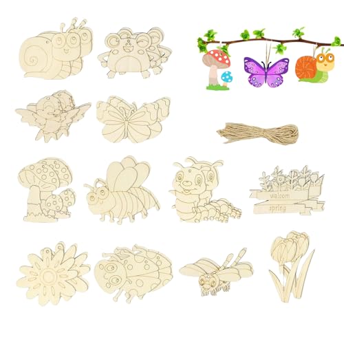 12 Stück Holz Basteln Kinder,Holzanhänger zum Bemalen,Tier Holz Bastel Set,Holzblumen Holzhandwerke,Holzfiguren,DIY Schmetterling,Libellen,Schnecken und Blumenformen für Handwerk Heimdekoration von MALOUSUN