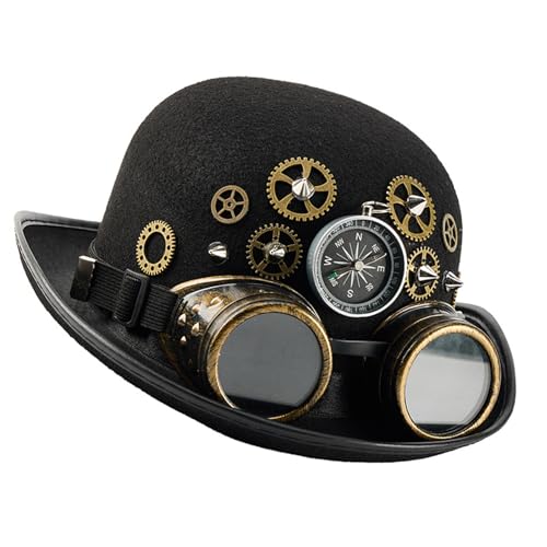 Abnehmbare Brille und Kompasse, verstärkter ovaler Zylinderhut, Halloween-Kostüm, Zubehör für Outdoor-Abenteuer, Metallnieten, Zylinder für Cosplay von MALSSE