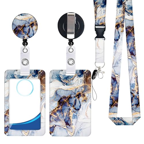 Ausziehbarer Ausweishalter mit Namenskarte, Ausweishalter, Clip und Umhängeband, Set für Studenten, Krankenschwestern, Marmor-Design von MALSSE