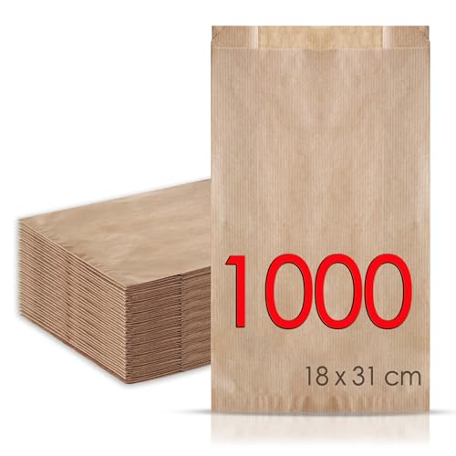 MAMAPAS 1.000 Kraftpapiertüten 18+7x31, butterbrottüten, Papiertüte für Brot, Kleine Tüten für Süßigkeiten, Krafttüten, Plätzchentüten Papier, Geschenktüten, Sandwichtüten, Bäckertüten, brottüten von MAMAPAS