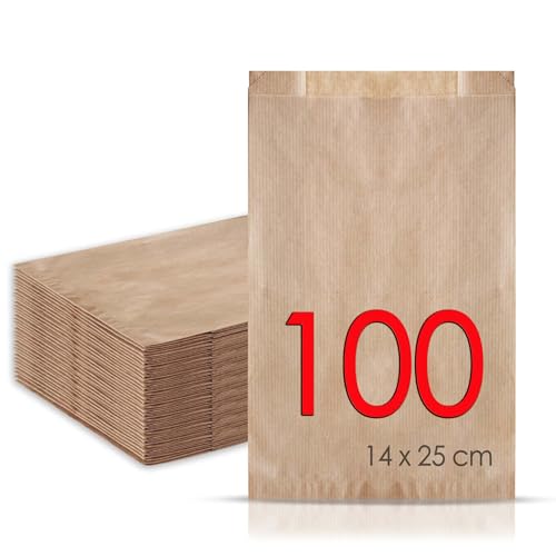 MAMAPAS 100 Kraftpapiertüten 14+5x25, butterbrottüten, Papiertüte für Brot, Kleine Tüten für Süßigkeiten, Krafttüten, Plätzchentüten Papier, Geschenktüten, Sandwichtüten, Bäckertüten, brottüten von MAMAPAS