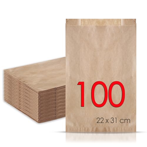 MAMAPAS 100 Kraftpapiertüten 22+7x31, butterbrottüten, Papiertüte für Brot, Kleine Tüten für Süßigkeiten, Krafttüten, Plätzchentüten Papier, Geschenktüten, Sandwichtüten, Bäckertüten, brottüten von MAMAPAS