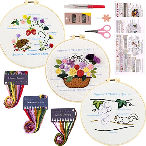 3 Sets Kreuzstich-Sticksets für Anfänger, Erwachsene, Blumen Tiere Kreuzstich-Sets, Stickerei-Starter-Set mit Anleitung, Stickrahmen, Zahnseide und Werkzeuge von MAMUNU