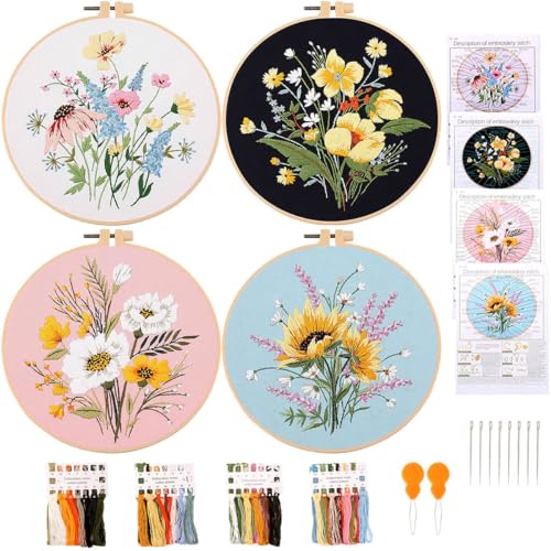 4 Sets Kreuzstich-Sticksets für Anfänger und Erwachsene, mit Blumenprägung vorgedruckt, 4 Stück Stickrahmen, Fäden und Werkzeuge von MAMUNU
