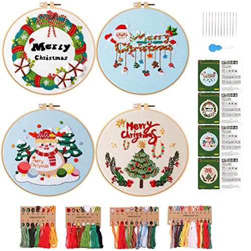 4 Sets Weihnachtsstickerei-Starter-Set mit Muster für Anfänger, Frohe Weihnachten Stickset Ornamente, Farbfäden, Werkzeuge und Anleitung (evtl. nicht in deutscher Sprache) von MAMUNU