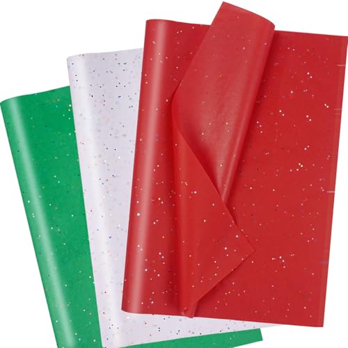 60 Blatt Seidenpapier für Geschenktüten, Grün Weiß Rot Glitzer Seidenpapier Verpackungsmaterial, Bastelpapier mit Metallic-Folie, Glänzendes Geschenkpapier für Geburtstage, Weihnachten, 50 x 35 cm von MAMUNU