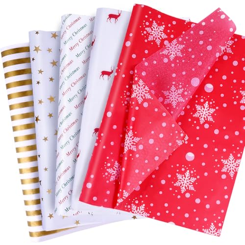 MAMUNU 100 Blatt Seidenpapier für Geschenktüten, Rot Seidenpapier Geschenkpapier Bulk, 5 verschiedene Designs Geschenkpapier für Geburtstag, Basteln, Hochzeit, Weihnachten, Party, Festival, 50 x 35 cm von MAMUNU