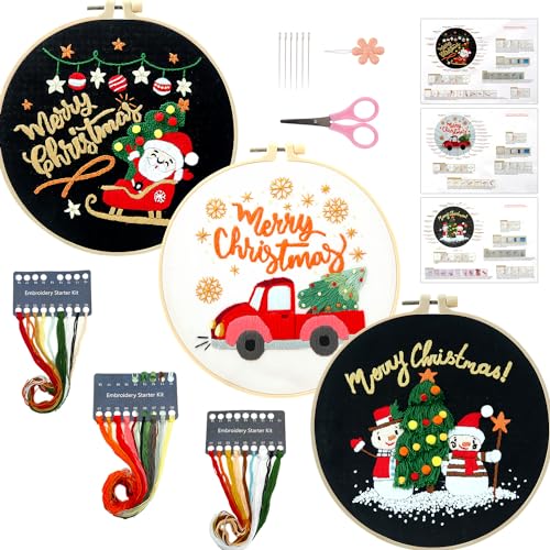 MAMUNU 3 Sets Weihnachts-Stickerei-Sets für Anfänger, Weihnachtsmann Schneemann Auto gestempelt Kreuzstich-Kits, vollständige Palette von Stickerei-Starter-Set mit Anleitung, Stickrahmen, Fäden und von MAMUNU