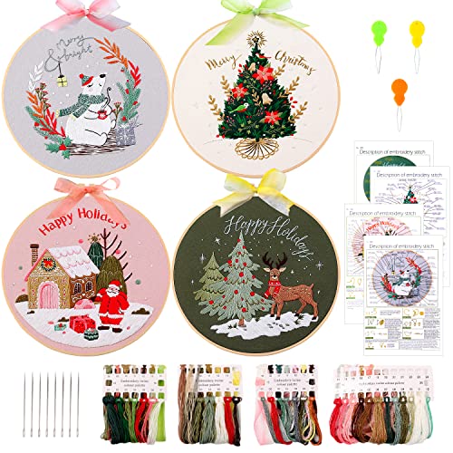 MAMUNU 4 Sets Weihnachtsstickerei-Starter-Set mit Muster für Anfänger, Sticksets mit Weihnachtsbaum-Elchmuster, Kreuzstich-Set mit 4 Kunststoff-Stickrahmen, Farbfäden und Werkzeugen von MAMUNU