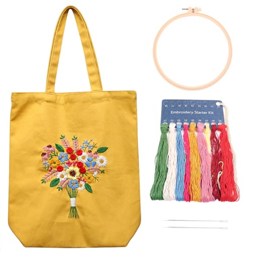 MAMUNU Canvas Tote Bag Stickset mit Muster für Anfänger, Kunst und DIY Bastelsets für Erwachsene, Inklusive Anleitung Sticktasche, Stickrahmen (Gelb) von MAMUNU