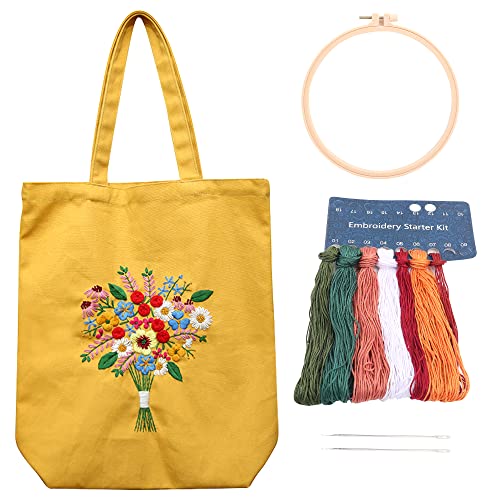 MAMUNU Canvas-Tragetasche, Stickset mit Muster für Anfänger, Kunst- und Bastelsets für Erwachsene, inklusive Anleitung (evtl. nicht in deutscher Sprache), Stickrahmen, Farbfäden und Werkzeug (gelb) von MAMUNU
