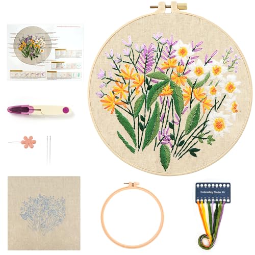 Stickerei Set Anfänger, Blumenmuster Stickset Erwachsene Kreuzstich Vorgedruckt, kreuzstich starter set mit Stickereistoff, Anleitung, Stickrahmen, Farbfäden und Werkzeuge, für DIY Kunst, Handwerk von MAMUNU