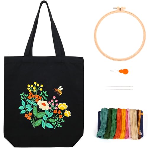 Stickset für Leinen-Tragetaschen, Stickset Tragetasche mit Blumenmuster für Anfänger, Canvas Tote Bag Sticken Set Erwachsene mit Anleitung Farbfäden Stickrahmen und Werkzeug für DIY Kunst, Handwerk von MAMUNU
