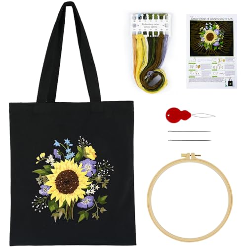 Stickset für Leinen-Tragetaschen, Stickset Tragetasche mit Blumenmuster für Anfänger, Canvas Tote Bag Sticken Set Erwachsene mit Anleitung Farbfäden Stickrahmen und Werkzeug für DIY Kunst, Handwerk von MAMUNU