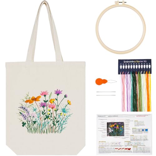 Stickset für Leinen-Tragetaschen, Stickset Tragetasche mit Blumenmuster für Anfänger, weiße Tote Bag Sticken Set mit Anleitung Farbfäden Stickrahmen und Werkzeug, Sticken Set Erwachsene für Handwerk Stickset für Leinen-Tragetaschen, Stickset Tragetasche mit Blumenmuster für Anfänger, weiße Tote Bag Sticken Set mit Anleitung Farbfäden Stickrahmen und Werkzeug, Sticken Set Erwachsene für Handwerk von MAMUNU