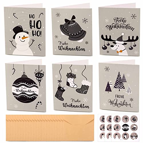 Weihnachtskarten Set, 24er Weihnachtskarten mit Umschlägen und Aufkleber Set, 6 Designs Klappkarten Weihnachten für Weihnachtsgrüße, Postkarten für Weihnachten (Grau) von MAMUNU