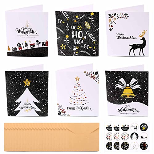 Weihnachtskarten Set, 24er Weihnachtskarten mit Umschlägen und Aufkleber Set, 6 Designs Klappkarten Weihnachten für Weihnachtsgrüße, Postkarten für Weihnachten (Grau und Multi) von MAMUNU