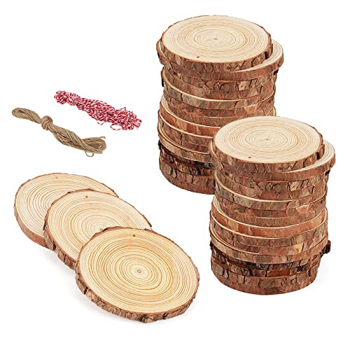 MANCHAP 30 Stück 12–13 cm gebohrte Loch-Holzscheiben, unlackierte Holzkreise, runde Holzscheiben mit Schnur, vorgebohrte leere Holzscheiben für Bastelarbeiten, Heimdekorationen von MANCHAP