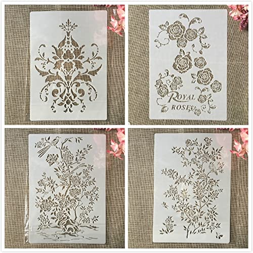 4 Stück A4 29 cm Blätter Blumen Vögel Wiederverwendbare Malschablonen Liebe Home Vorlage zum Malen auf Holz, Veranda, Haustür, Wand Wohnkultur von MANGOUSONG