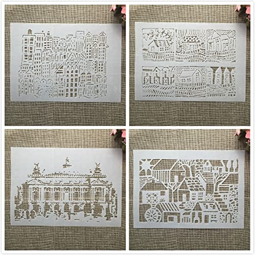 4 Stück A4 29 cm Gebäude Haus Schablonen zum Malen auf Holz, Leinwand, Papier, Boden, lasergeschnittene Malschablone für Heimdekoration, Bastelprojekte 4 Stück A4 29 cm Gebäude Haus Schablonen zum Malen auf Holz, Leinwand, Papier, Boden, lasergeschnittene Malschablone für Heimdekoration, Bastelprojekte von MANGOUSONG