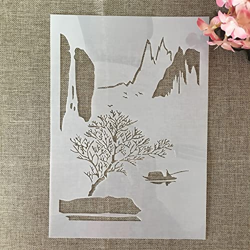 A4 29 cm chinesische Fluss Berg Fischer Schablonen zum Malen auf Holz, Leinwand, Papier, Boden, lasergeschnittene Malschablone für Heimdekoration, Bastelprojekte von MANGOUSONG