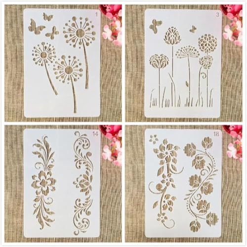 Schablonen für Kartenherstellung, 4 Stück, A4, 29 cm, Löwenzahn, Blumen, Linien, Schablonen zum Malen auf Holz, Wänden, Möbeln, Leinwand, Stoff, Felsen, Karten, Album, Papier, Scrapbook-Dekoration von MANGOUSONG