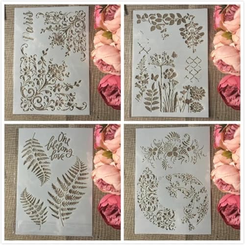 Schablonen für Kartenherstellung, 4 Stück, A4, 29 x 21 cm, Paris-Blumenblätter, Schablonen zum Malen auf Holz, Wänden, Möbeln, Leinwand, Stoff, Felsen, Karten, Album, Papier, Scrapbook-Dekoration von MANGOUSONG