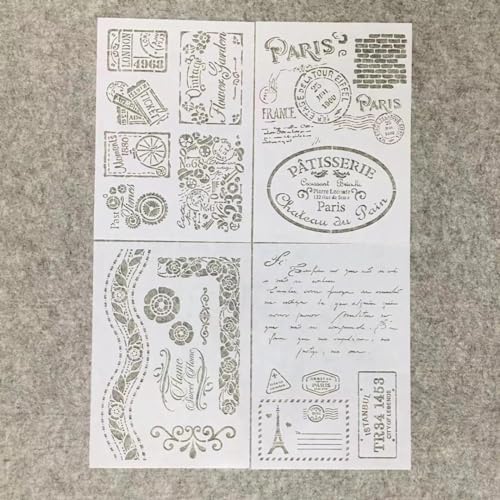 Schablonen für Kartenherstellung, 4 Stück, A4, 29 x 21 cm, Paris-Stempel, Schablonen zum Malen auf Holz, Wänden, Möbeln, Leinwand, Stoff, Felsen, Karten, Album, Papier, Scrapbook-Dekoration von MANGOUSONG