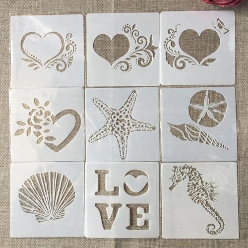 Schablonen für Kartenherstellung, 9 Stück, 13 cm, Muschel-Liebe, Hippocampus, Schablonen zum Malen auf Holz, Wänden, Möbeln, Leinwand, Stoff, Felsen, Karten, Album, Papier, Sammelalbum, Dekoration von MANGOUSONG