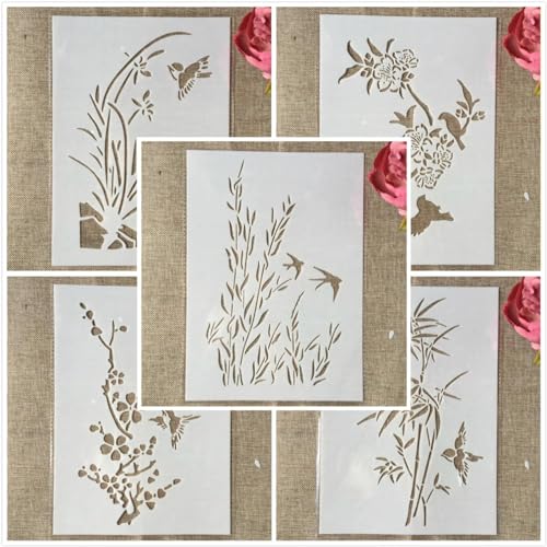 Schablonen für Kartenherstellung, A4, Schwalbe, Vogel, Gras, Bambus-Schablonen zum Malen auf Holz, Wänden, Möbeln, Leinwand, Stoff, Felsen, Karten, Album, Papier, Scrapbooking, Dekoration, 5 Stück Schablonen für Kartenherstellung, A4, Schwalbe, Vogel, Gras, Bambus-Schablonen zum Malen auf Holz, Wänden, Möbeln, Leinwand, Stoff, Felsen, Karten, Album, Papier, Scrapbooking, Dekoration, 5 Stück von MANGOUSONG