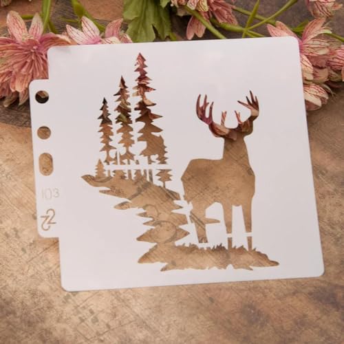 Schablonen zur Kartenherstellung, 14 x 13 cm, Weihnachtswald, Hirsch, Schablonen zum Malen auf Holz, Wänden, Möbeln, Leinwand, Stoff, Felsen, Kartenalbum, Papier, Sammelalbum, Dekor, Stil A von MANGOUSONG