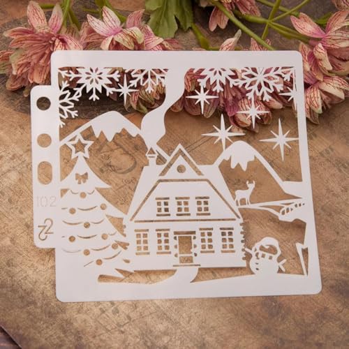 Schablonen zur Kartenherstellung, 14 x 13 cm, Weihnachtswald, Hirsch, Schablonen zum Malen auf Holz, Wänden, Möbeln, Leinwand, Stoff, Felsen, Kartenalbum, Papier, Scrapbooking, Dekor, Stil C von MANGOUSONG