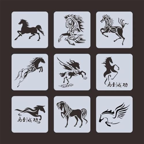 Schablonen zur Kartenherstellung, 9 Stück, 13 x 13 cm, Tiere, Pferd, Schablonen zum Malen auf Holz, Wänden, Möbeln, Leinwand, Stoff, Felsen, Karten, Album, Papier, Sammelalbum, Dekoration von MANGOUSONG