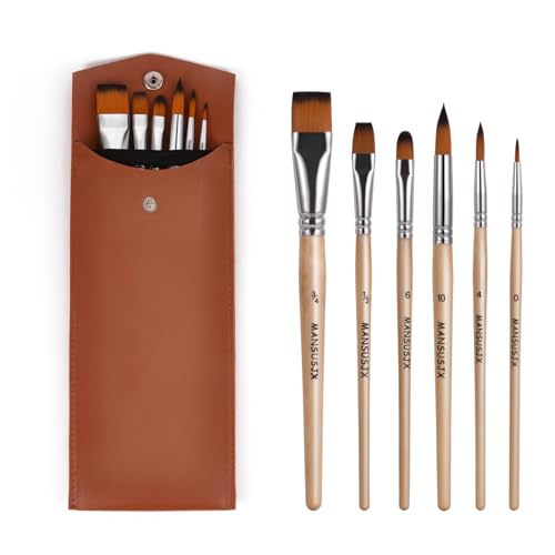 MANSUSJX Pinsel-Set: Reise-Aquarell-Pinsel für Künstler, 6-teiliges Set mit Holzgriff, Nylonborsten, für Aquarell, Gouache, Öl & Acryl von MANSUSJX