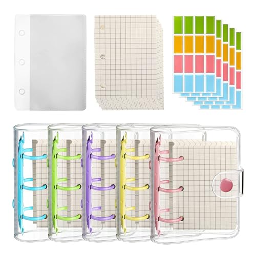 5 Sets transparente 3-Ring-Binderumschläge für lose Blätter, Notizbuch, mit Nachfüllpapier, farbige Etikettenaufkleber, 3 Ringe, Kartentaschen-Einband, Schutz von MANZURE
