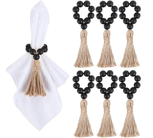 MAONAME Schwarze Serviettenringe 12 Stück Bauernhaus Holz Serviettenringe Holzperlen Serviettenring mit Quaste Boho Serviettenhalter Ring für Hochzeit Party Tischdekoration MAONAME Schwarze Serviettenringe 12 Stück Bauernhaus Holz Serviettenringe Holzperlen Serviettenring mit Quaste Boho Serviettenhalter Ring für Hochzeit Party Tischdekoration von MAONAME