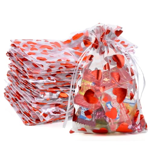 MAOOY 100 Organzasäckchen Säckchen zum Befüllen Geschenkbeutel 13X18cm Schmuckbeutel Kleine Tüten Geschenktüten Klein für Weihnachten Hochzeit Geburtstag Party（Weißer Hintergrund mit Rotem Herz） von MAOOY