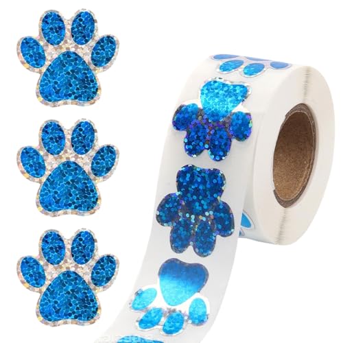 500 Stück Hunde Glitzer Aufkleber,Katzenpfote Aufkleber Kinder,2,5cm Hundepfote Glitzer Sticker,Selbstklebende Pfote Aufkleber,Bunte Glitzer Aufkleber für Schüler Belohnung Bücher Dekoration (Blau) von MAOSHYMS