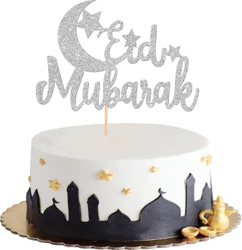 Eid Mubarak Tortendeko,Eid Mubarak Cake Toppers,Ramadan Kareem Kuchendekoration Topper Für Das Islamische Muslimische Festival Kareem Ramadan Cupcake Dekorationen Lieferungen (silbrig B) von MAOSHYMS