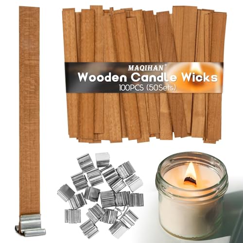 MAQIHAN 100 Tabletten Holzdochte für Kerzen - Knister Kerzendocht Holzdocht Dochte für Kerzen Knisterkerze Docht Holz Kerzen Zubehör für Sojawachs Bienenwachs Herbst Duftkerzen Machen (50 Sätze) von MAQIHAN