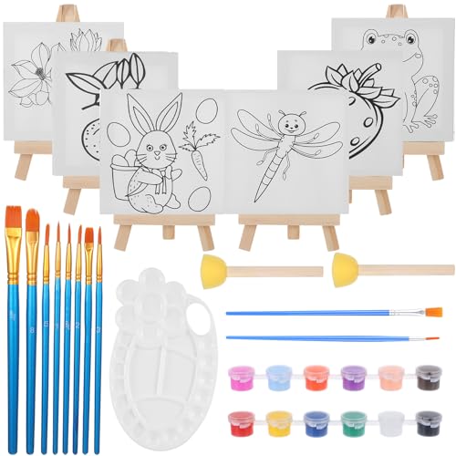 6 Stück 10,2 x 10,2 cm Leinwandtafeln zum Malen, mit Mini-Staffelei, Kunst-Leinwand-Malset mit 10 Pinseln und 1 Farbwanne für Teenager, Acryl, Gießen, Öl, Wasserfarbe, Geschenk von MAQUITA