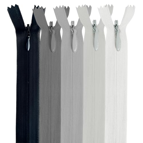 MARARDI [Packung 5] Unsichtbaren Reißverschlüssen [Grau] Nylon [12 cm] Nähen und Basteln zum Kleidung Taschen Stoff für Nähmaschine Patchwork Plastik Baumwolle Zipper mit Metallreißverschluss von MARARDI