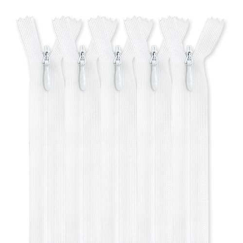 MARARDI [Packung 5] Unsichtbaren Reißverschlüssen [Weiß] Nylon [22 cm] Nähen und Basteln zum Kleidung Taschen Stoff für Nähmaschine Patchwork Plastik Baumwolle Zipper mit Metallreißverschluss von MARARDI