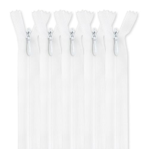 MARARDI [Packung 5] Unsichtbaren Reißverschlüssen [Weiß] Nylon [50 cm] Nähen und Basteln zum Kleidung Taschen Stoff für Nähmaschine Patchwork Plastik Baumwolle Zipper mit Metallreißverschluss von MARARDI