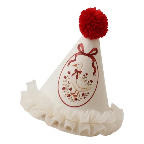 MARCBUSE Geburtstag Hut Entchen Blumen Muster Spitzenbesatz Partyhut mit Pompons für Geburtstagsfeier Größe Party Kopfschmuck von MARCBUSE