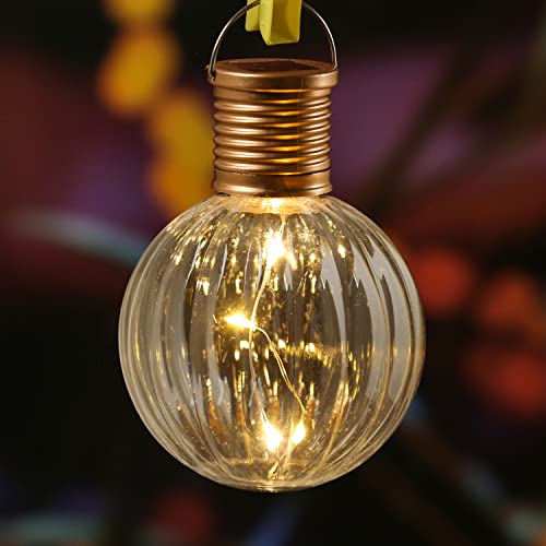LED Solar Glühbirne GLOW Kugelleuchte Hängeleuchte für Balkon Terrasse 4 warmweiße LED an Drahtlichterkette H: 11cm, D: 8cm mit Lichtsensor klar Gartenbeleuchtung runde Glühlampen (1 Stück) von MARELIDA